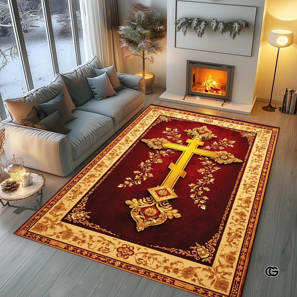 Personalized Orthodox Christian Area Rug, Custom Eastern Orthodox Russian Greek Byzantine Non-Slip Rug for Women Men, IC XC Nika Cross Mat for Living Room, Bedroom, Church Decor (D10)