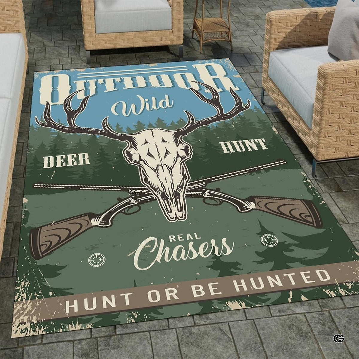Rustic hunting lodge area rug displaying decorative accent skull, crossed rifles, and forest trees in a cabin room.