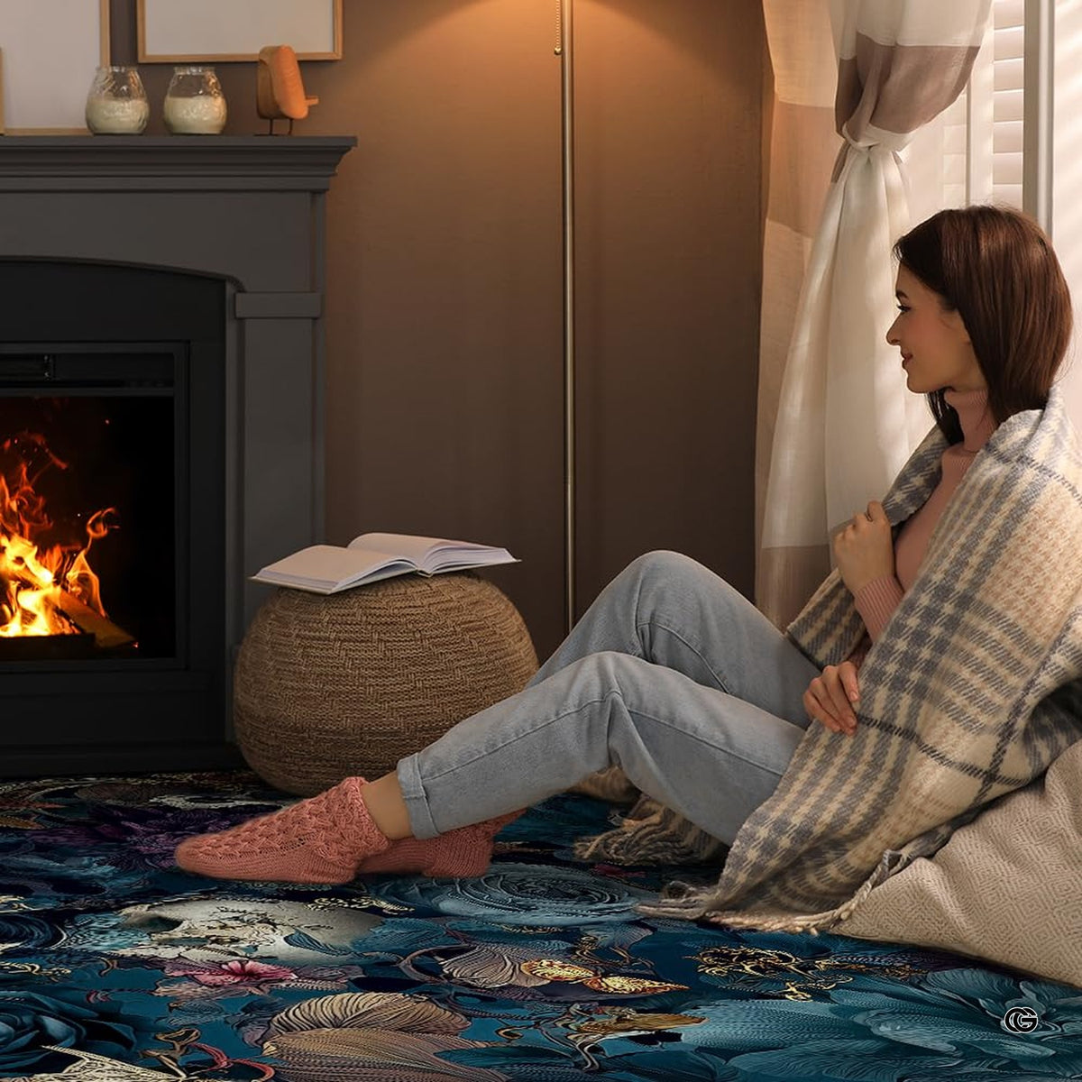 Sunlit living space mockup showcasing the moody floral skull rug laid flat between furniture