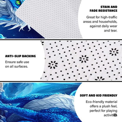 Close view of intricate wing details and celestial orbs on the blue dragon zone rug. - thumbnail image 4 of 8