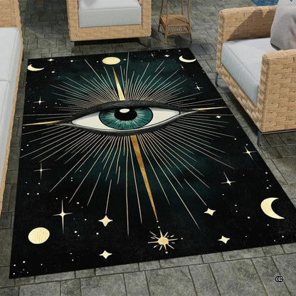 Outdoor patio stone lounge setting displaying the dark celestial evil eye area rug - thumbnail image 7 of 8