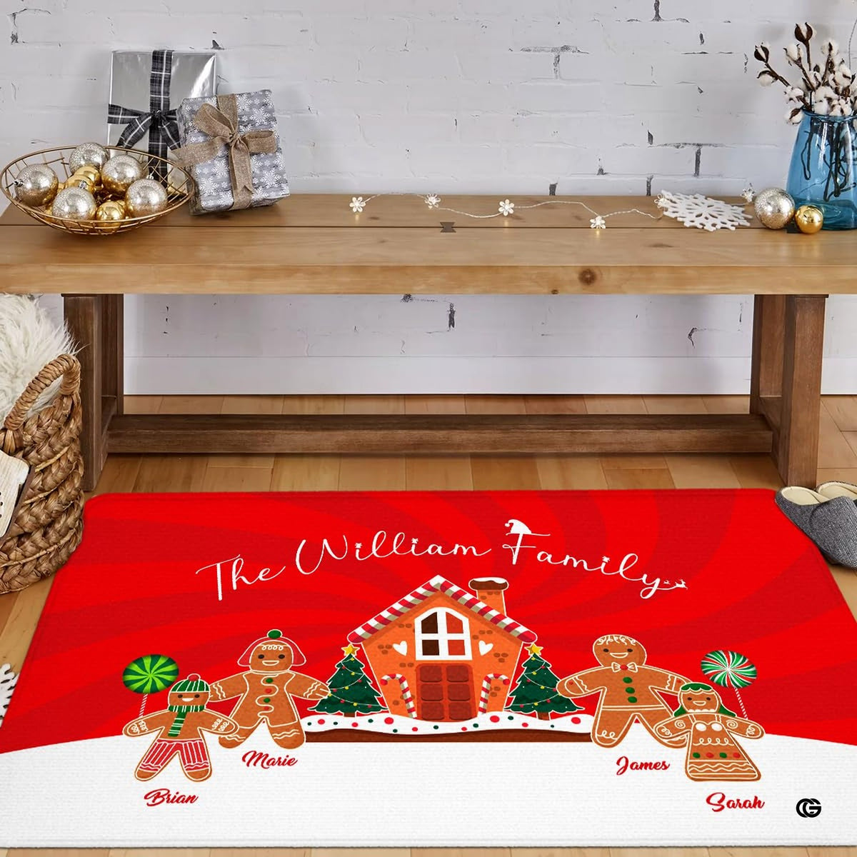 Custom gingerbread holiday floor rug styled under rustic entryway bench with seasonal decor