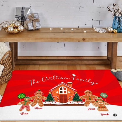 Custom gingerbread holiday floor rug styled under rustic entryway bench with seasonal decor - thumbnail image 7 of 9