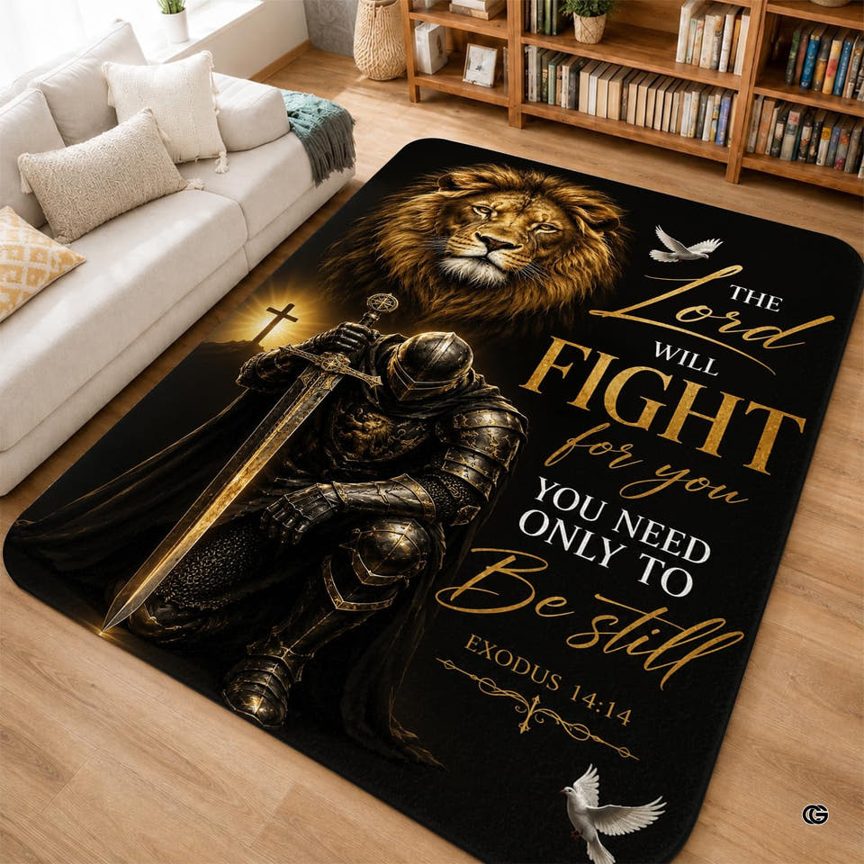 Black and gold faith area rug showing kneeling medieval knight holding sword and golden lion emblem.