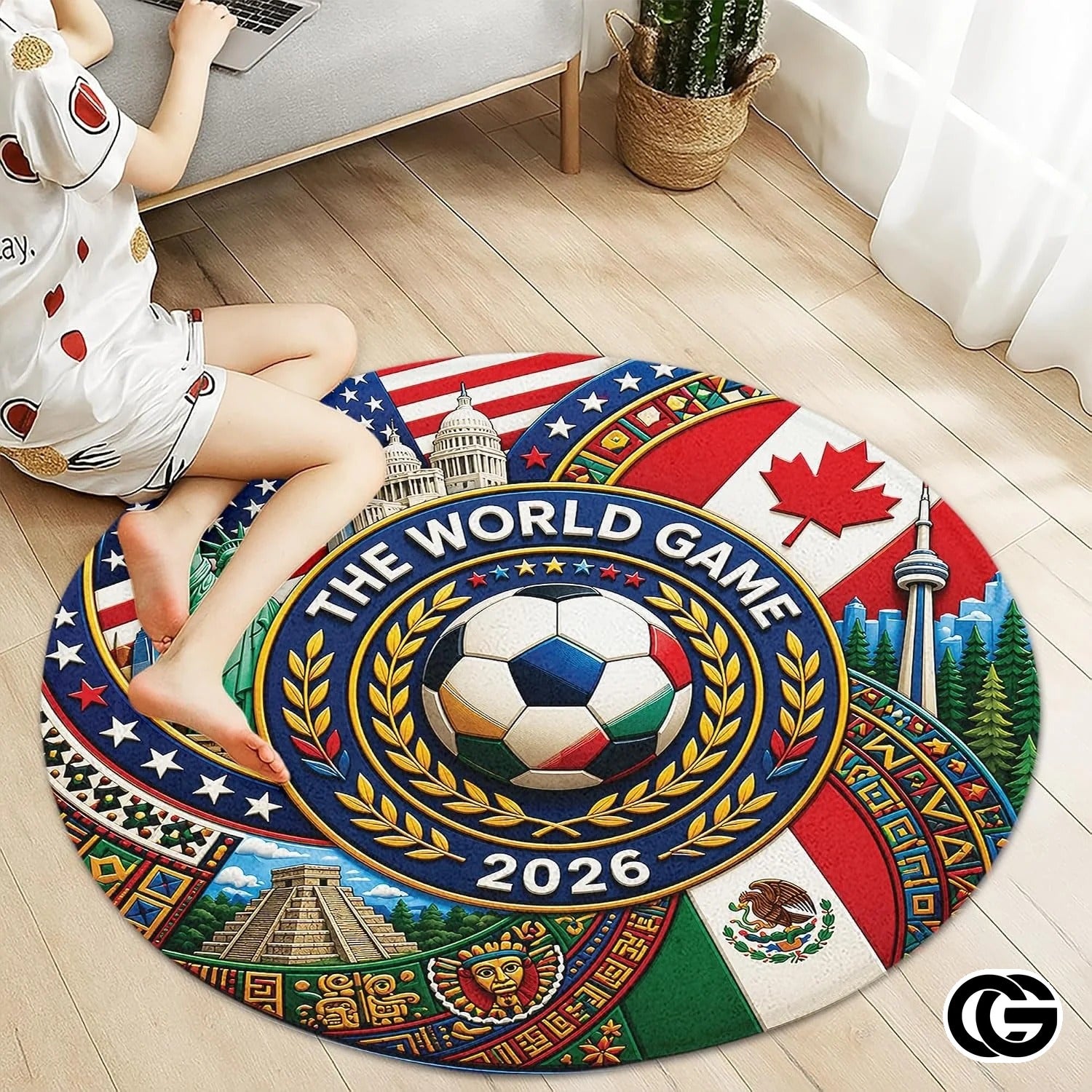 Custom Soccer 2026 Round Rug with Trophy and Flag Design