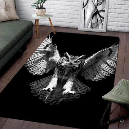 Soft low-pile microfiber surface texture on monochrome flying owl rug - thumbnail image 3 of 8