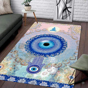 Sunlit bohemian reading nook featuring vibrant cobalt blue and blush pink mystic mandala area rug. - thumbnail image 7 of 8