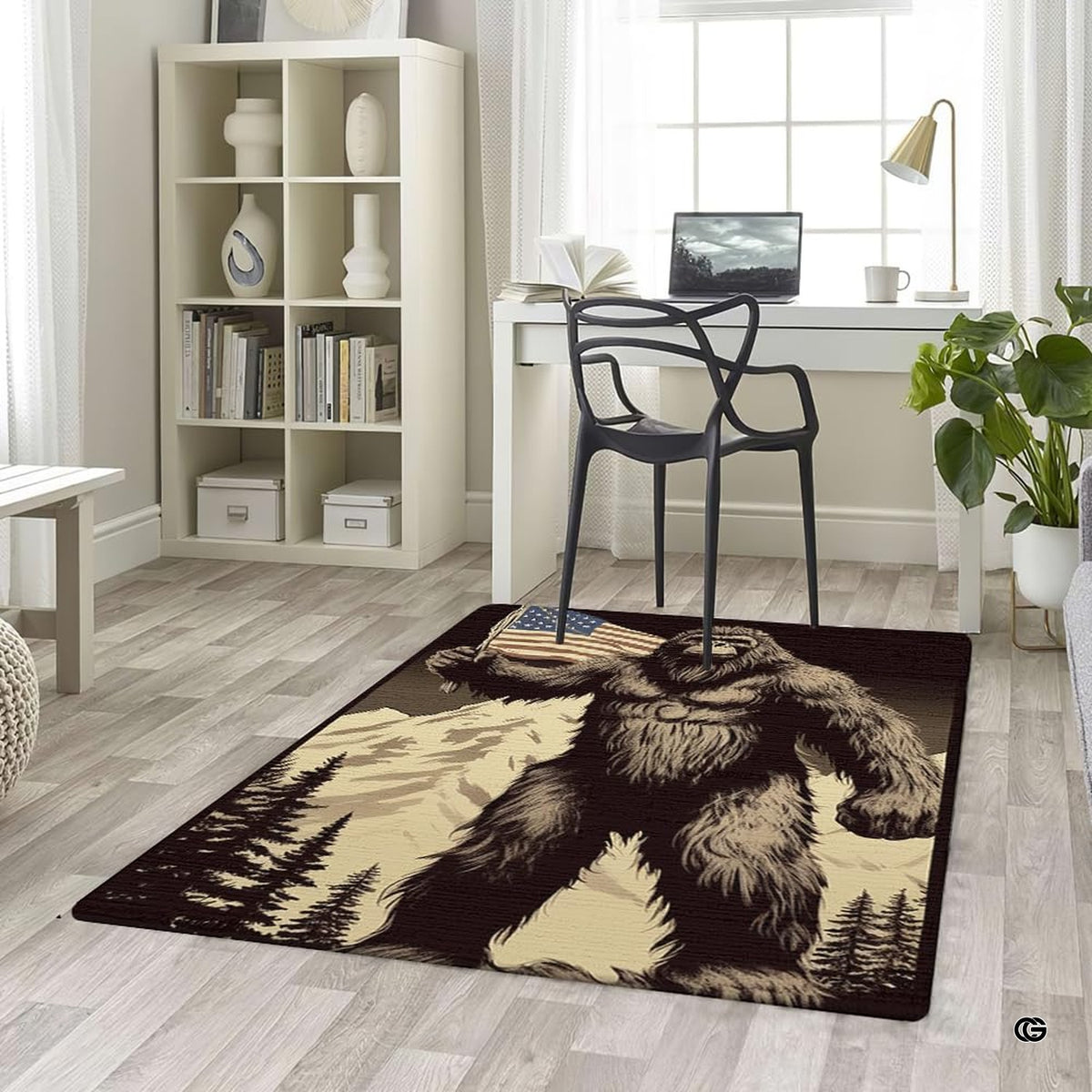Eclectic room interior styled with an alpine folklore Sasquatch illustration rug. - image 5 of 5