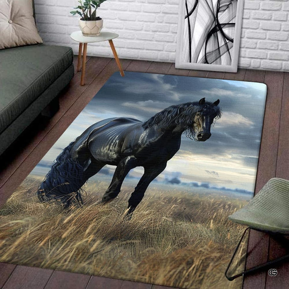 Black stallion galloping through golden meadow grass under cloudy sky on decorative area rug.