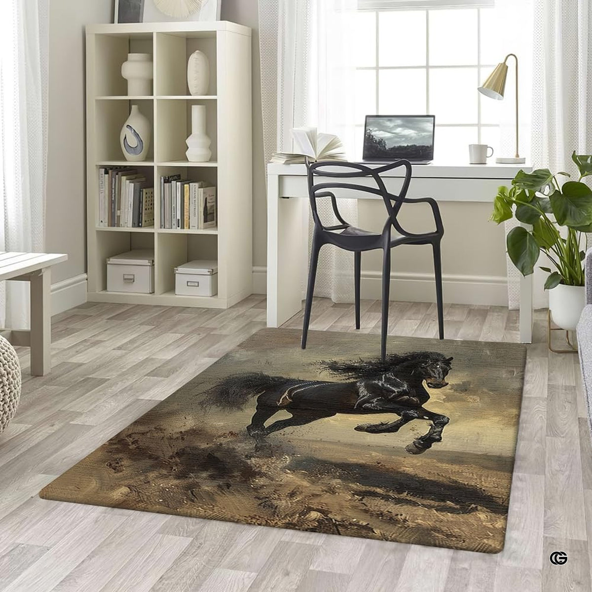 Top-down overhead view of rectangular galloping black stallion oil painting living room area rug