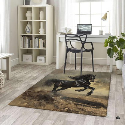 Top-down overhead view of rectangular galloping black stallion oil painting living room area rug - thumbnail image 5 of 5