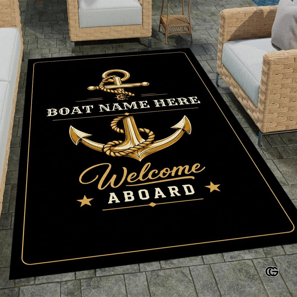 Custom Boat Rug, Personalized Welcome Aboard Mat with Boat Name, Nautical Area Rug for Deck, Entryway or Floor, Anchor Marine Decor, Boating Gift (Boat Rug 01)