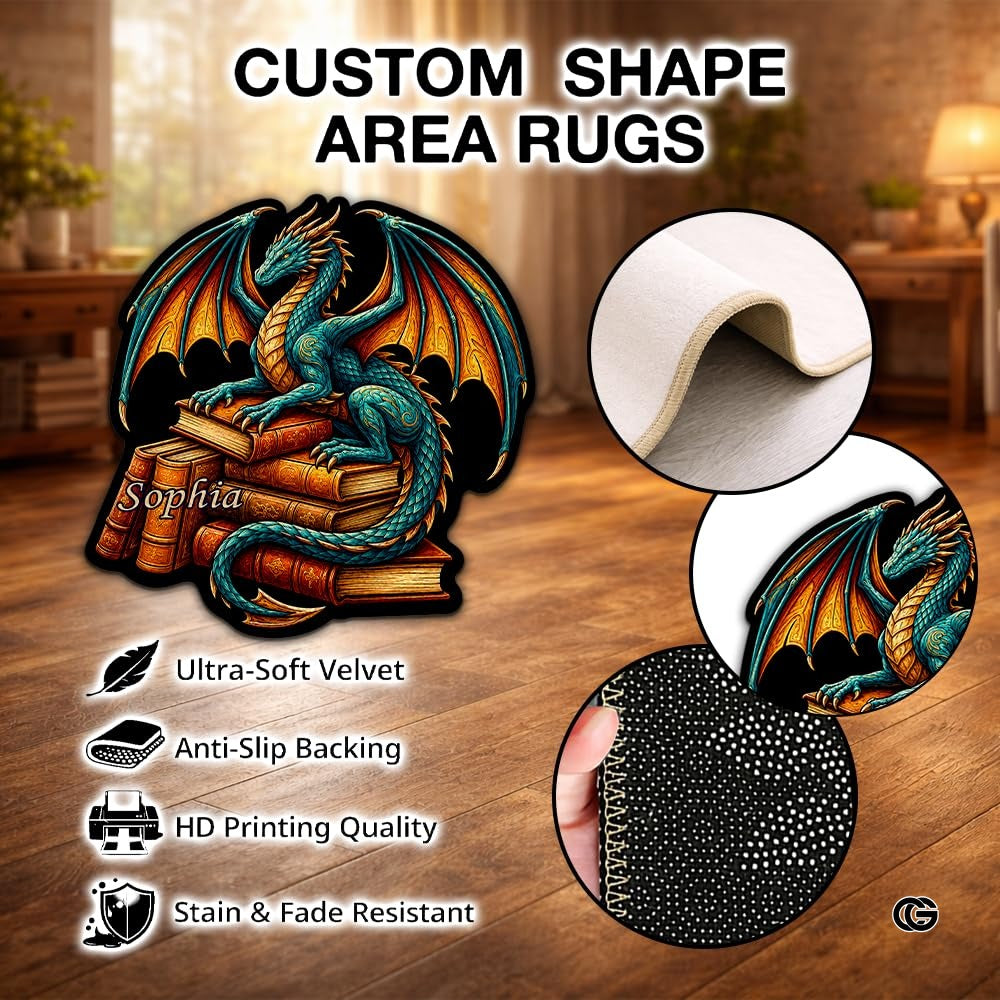 Custom Dragon Shaped Area Rug, Personalized Library Western Dragon Shaped Floor Mat Book Rug, Non-Slip Reading Room Carpet for Living Room, Bedroom, Dorm, Kids Room, Fans Lover (D9)