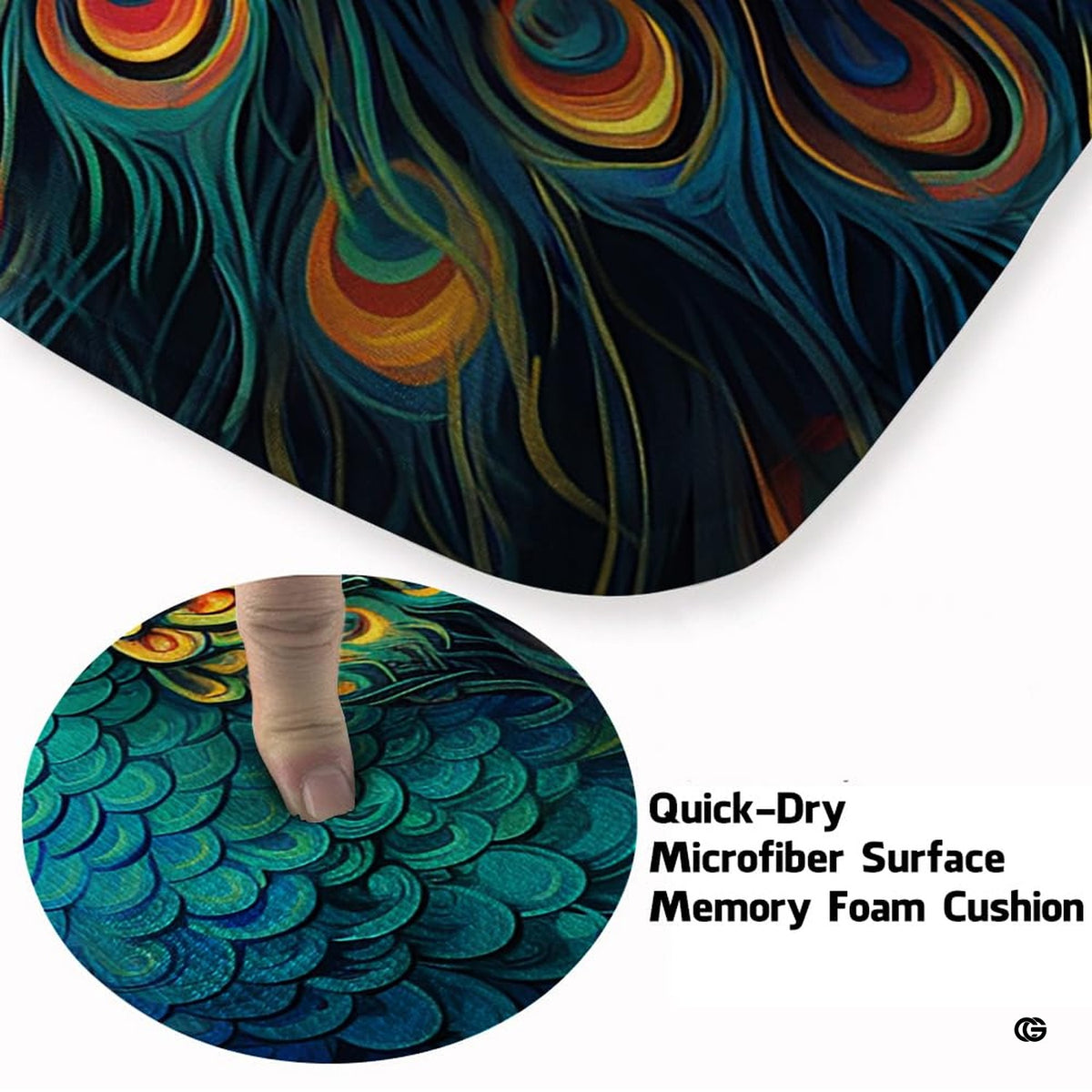 Closeup view of the soft microfiber surface and detailed peacock plumage artwork
