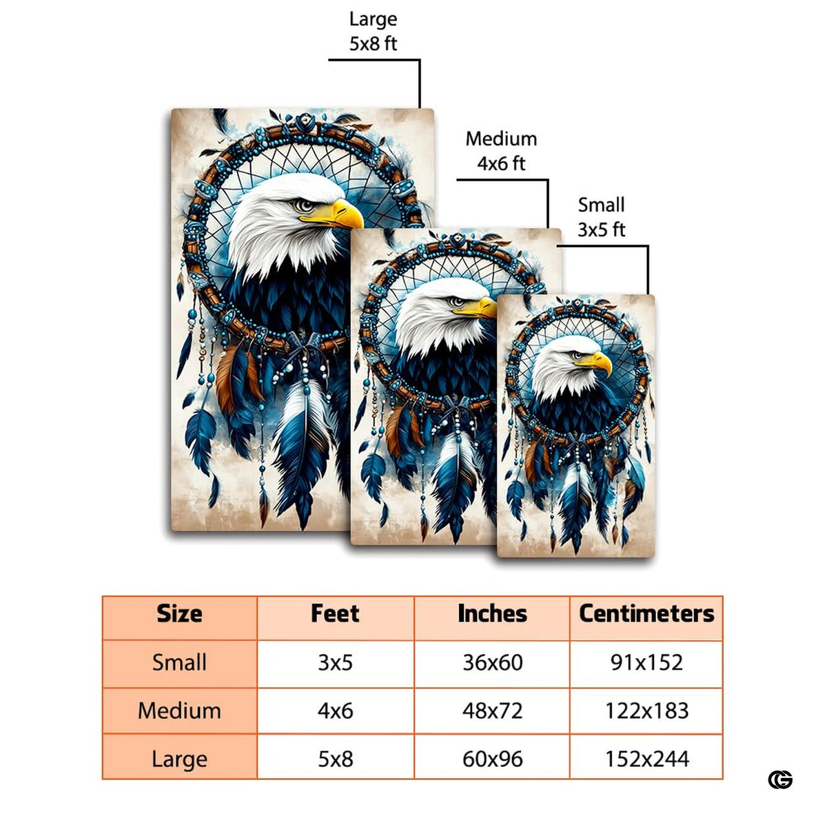 Dimensions and sizing chart for dreamcatcher bald eagle area rug - image 2 of 7