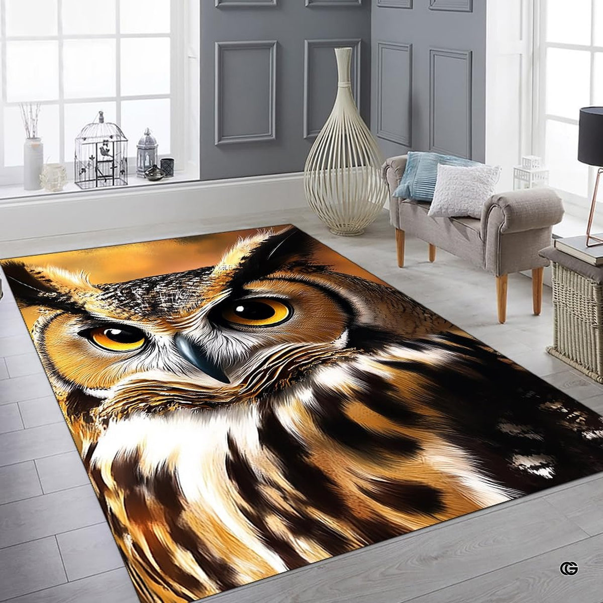 Room view showing decorative accent horned owl area rug accentuating an elegant home interior layout.