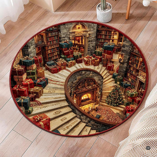 Round Christmas library rug with spiral stairs, wrapped gifts, bookcases, tree, and glowing fireplace