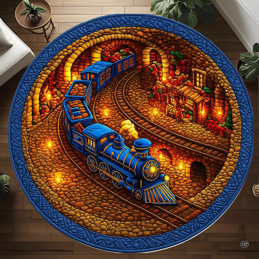 Round Christmas train rug with blue steam locomotive and glowing station