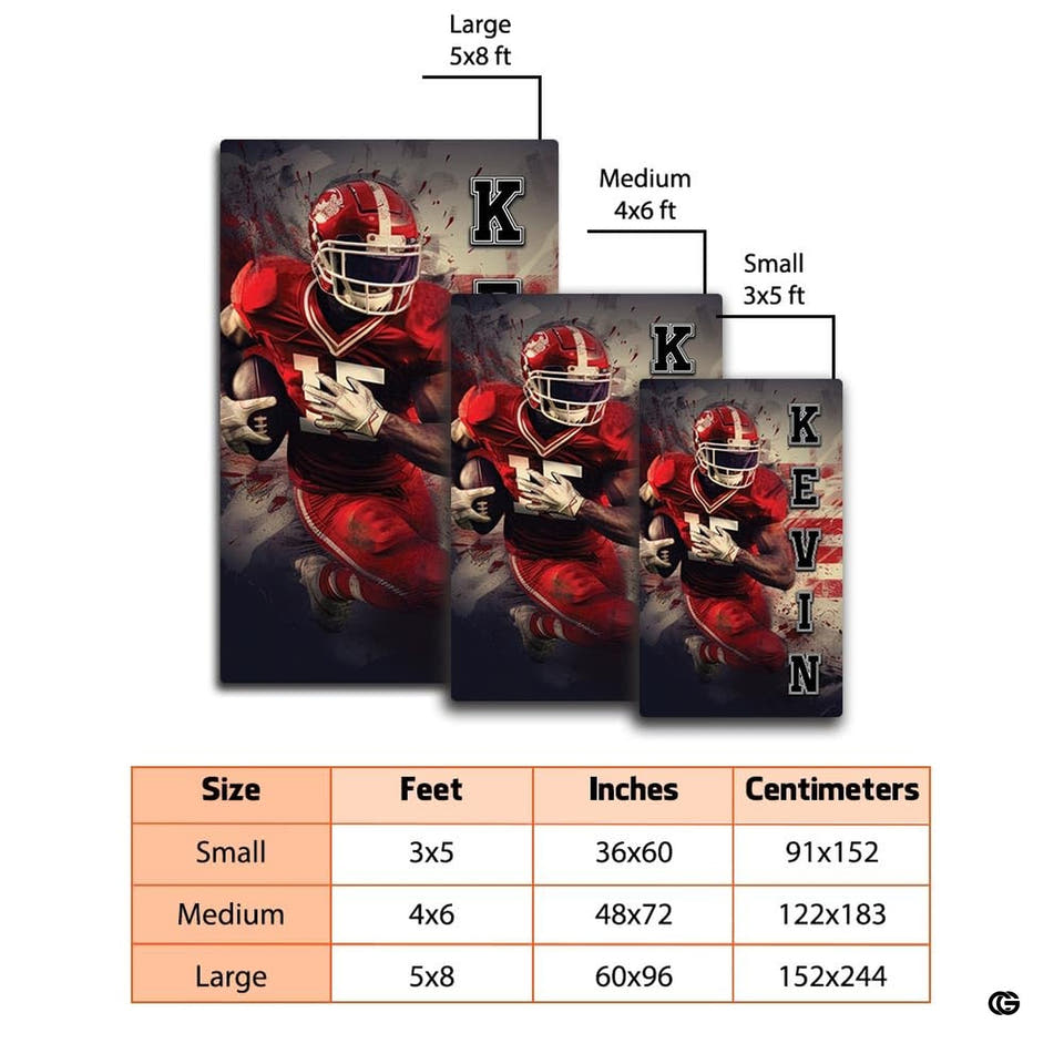 Top angle view of sports themed area rugs featuring bold gridiron player illustration.