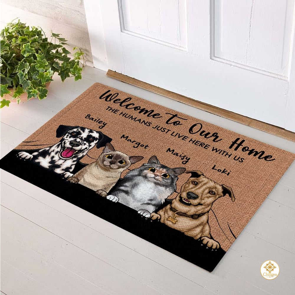Personalized Dog Welcome Doormat for Front Door and Entryway - 4 Pets