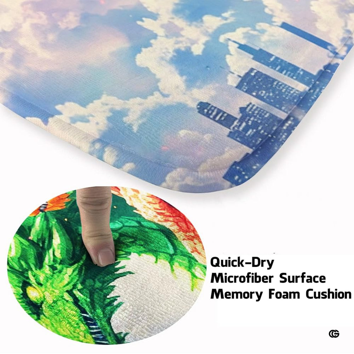 Stylized rainbow dragon illustration on bright area rug centered in a modern living room setting