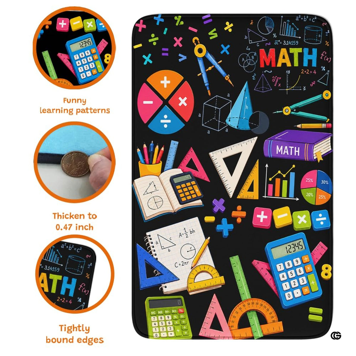 Detailed view of soft pile corner and colorful geometry print on math rug.