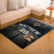 Sports themed bedroom for boys featuring a monochrome basketball graphic area rug beside modern decor. - thumbnail image 7 of 7