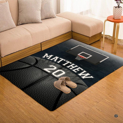 Sports themed bedroom for boys featuring a monochrome basketball graphic area rug beside modern decor. - thumbnail image 7 of 7