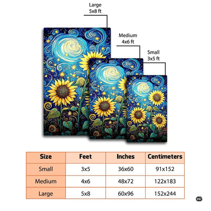 Living room floor mockup highlighting the celestial sunflower rug beside wicker seating - thumbnail image 2 of 8