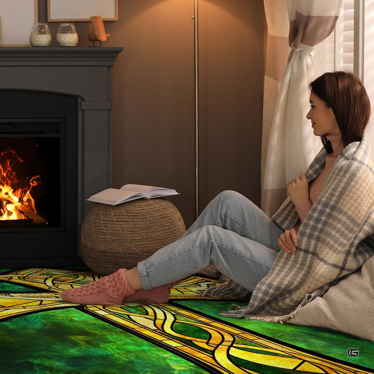 Corner perspective of emerald teal marbling and golden knot patterns on a decorative rug.