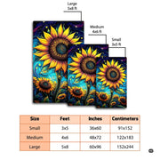 Living room floor mockup highlighting the starry sunflower rug beside wicker seating - thumbnail image 2 of 8
