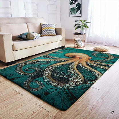 Room styling view displaying the kraken area rug beneath maritime decor accents. - thumbnail image 4 of 7