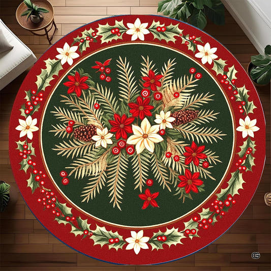 Circular poinsettia area rug featuring crimson floral borders and pine needle motifs on hardwood floor