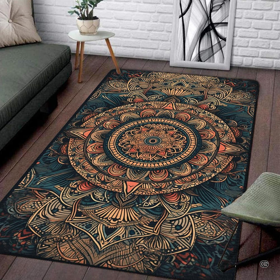 Rectangular area rug with antique copper and teal ornate mandala pattern