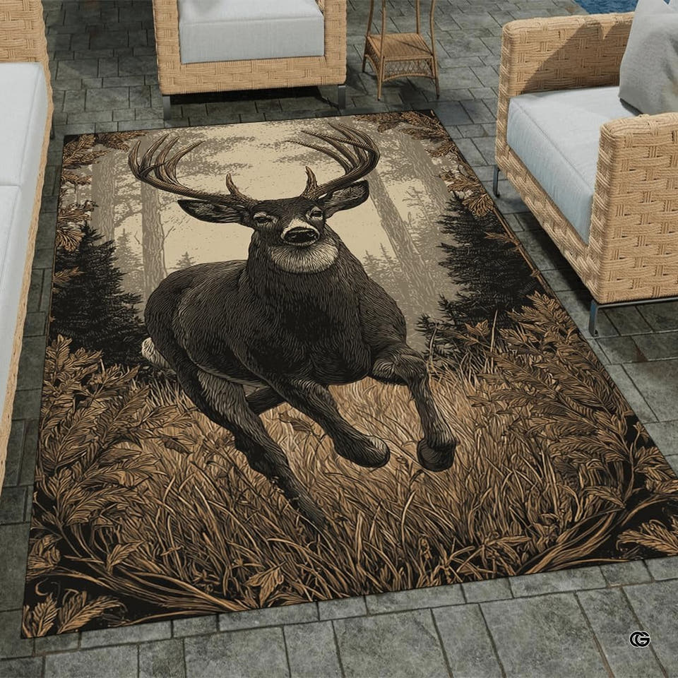 Mountain elk area rug featuring an antlered stag in an alpine meadow placed in a living room.