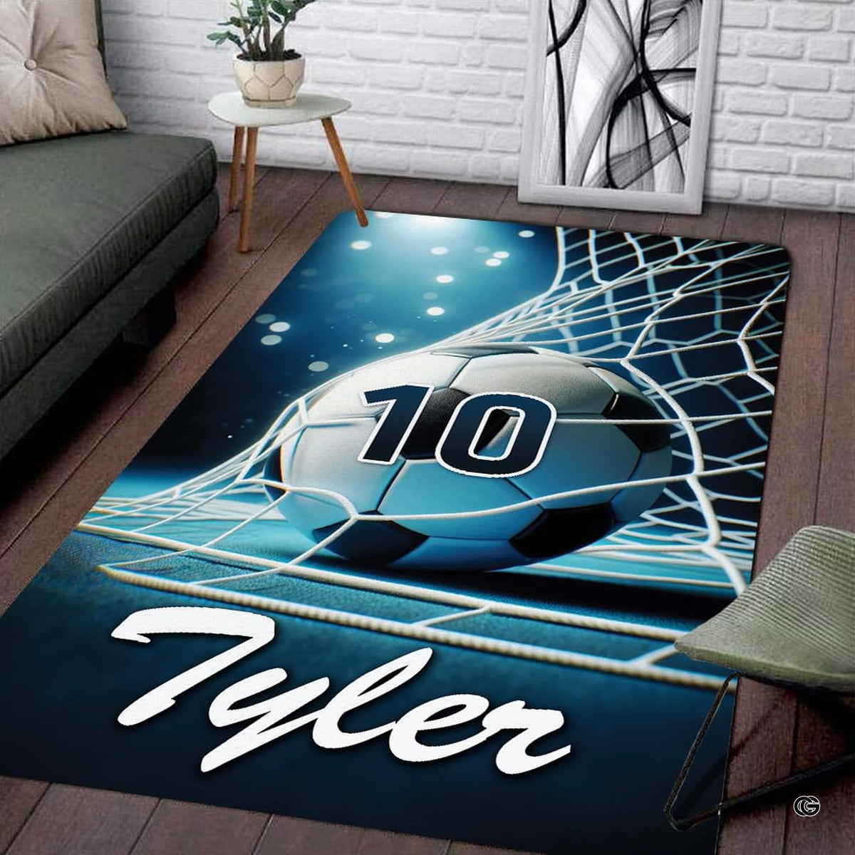 Soccer goal net sports area rug placed in contemporary bedroom interior