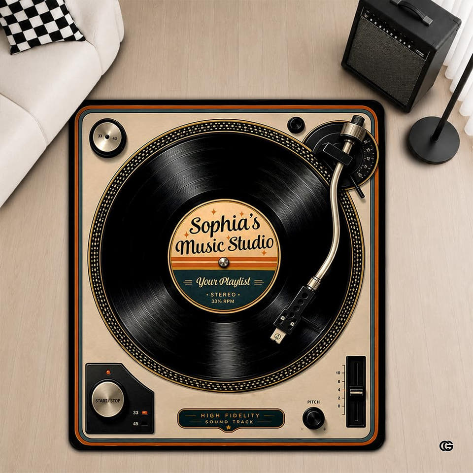 Vintage turntable vinyl record rug in a bright music room