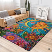 Psychedelic sun moon tree area rug styled on hardwood flooring in living room. - thumbnail image 4 of 5