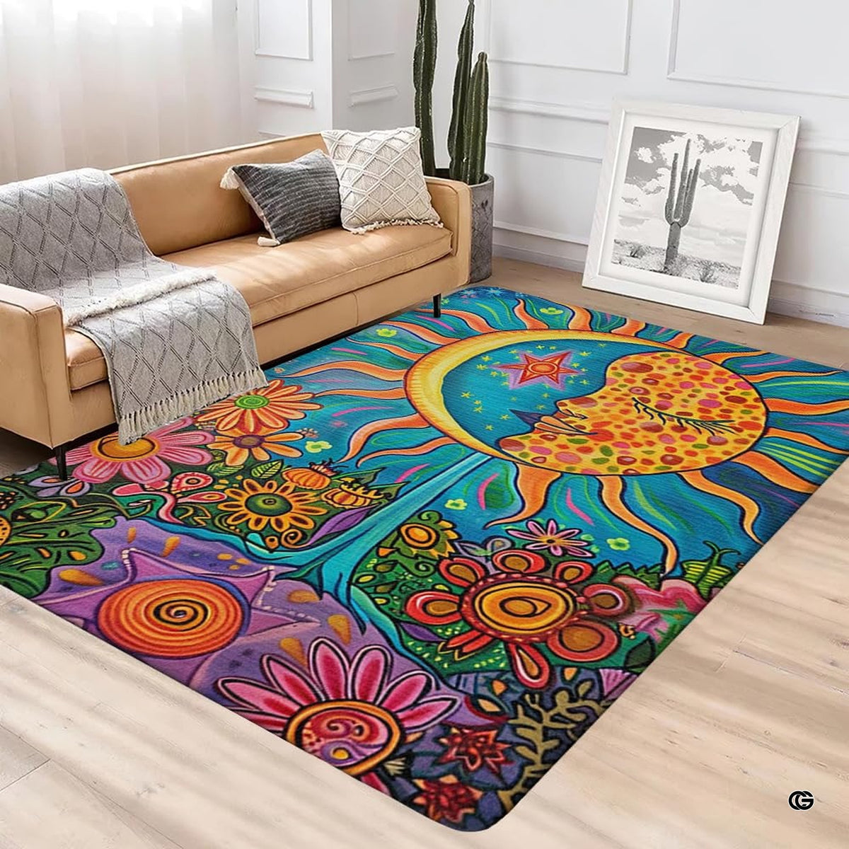 Psychedelic sun moon tree area rug styled on hardwood flooring in living room. - image 4 of 5