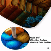 Adorable cute chibi blue baby dragon reading an open book seated on stacks of library books area rug. - thumbnail image 3 of 8