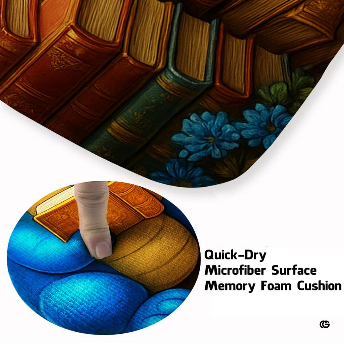 Adorable cute chibi blue baby dragon reading an open book seated on stacks of library books area rug. - image 3 of 8