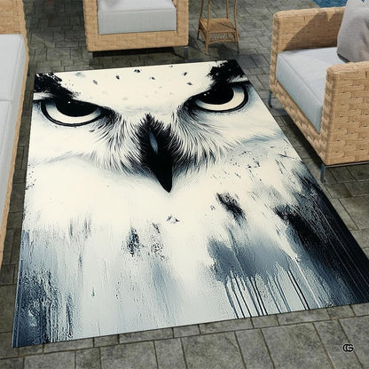 Snowy owl face close up wildlife living room area rug with piercing gaze and monochrome art - thumbnail image 1 of 8