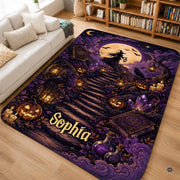 Personalized Witch Area Rug with Name - Custom Halloween Rug, Black Cat & Raven Floor Carpet, Spooky Gothic Home Decor, Non Slip Rugs (Style 6)