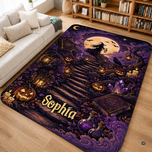 Personalized Witch Area Rug with Name - Custom Halloween Rug, Black Cat & Raven Floor Carpet, Spooky Gothic Home Decor, Non Slip Rugs (Style 6)