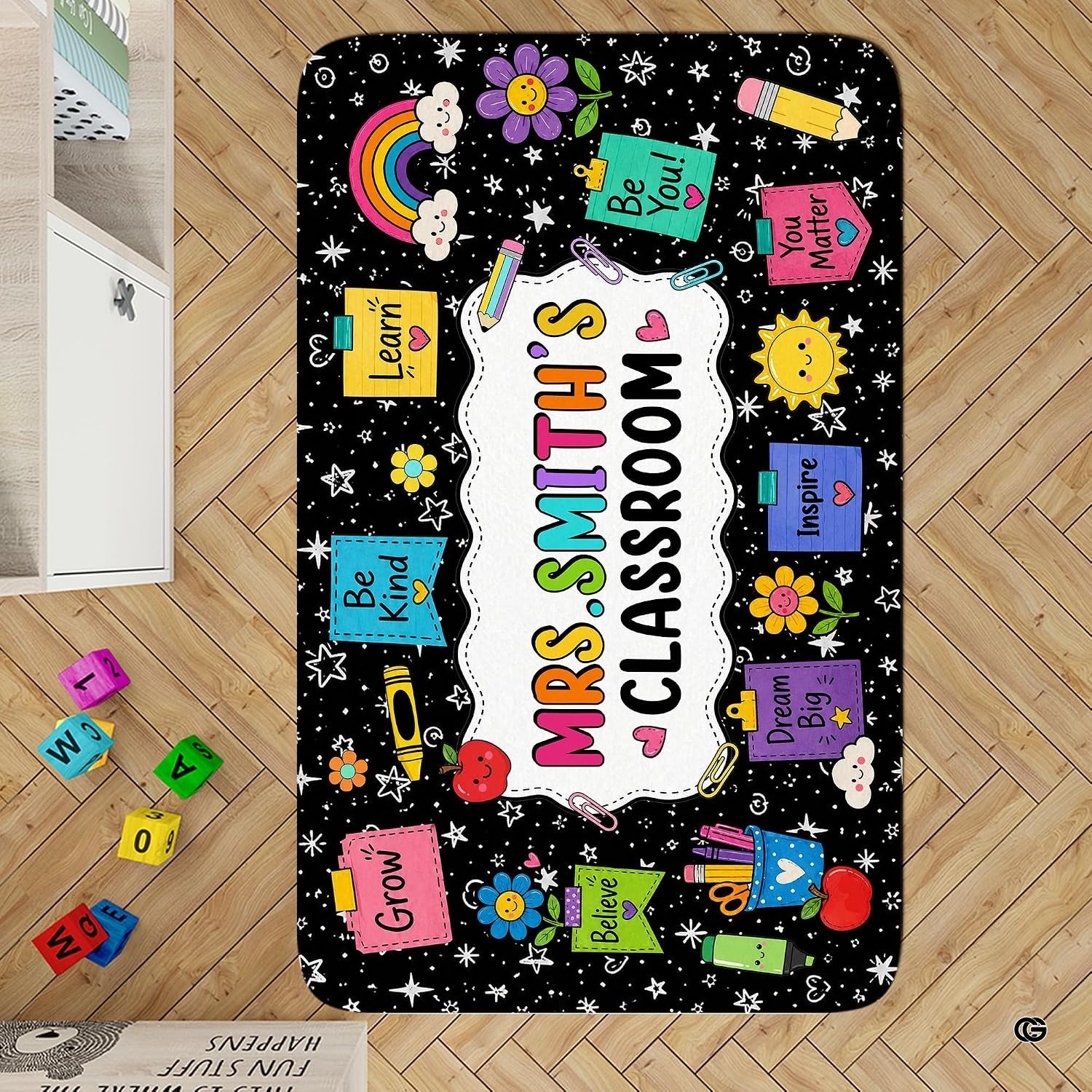 Personalized Teacher Classroom Rug, Custom Back to School Welcome Mat with Name, Kindergarten Preschool Elementary Decor, Composition Notebook Carpet (A04)