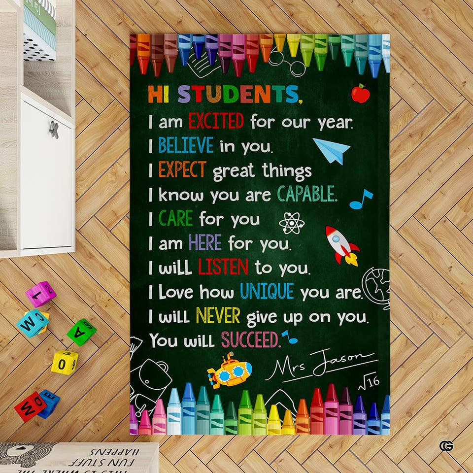 Classroom area rug with chalkboard motif and rainbow crayon borders for back to school classroom decorations.