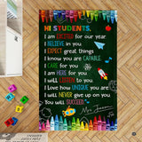 Classroom area rug with chalkboard motif and rainbow crayon borders for back to school classroom decorations.