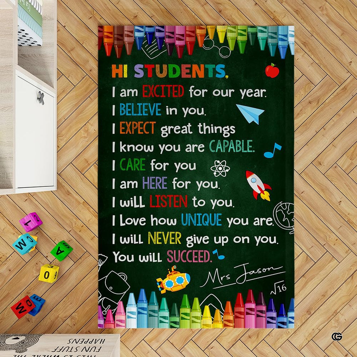 Classroom area rug with chalkboard motif and rainbow crayon borders for back to school classroom decorations. - image 1 of 7