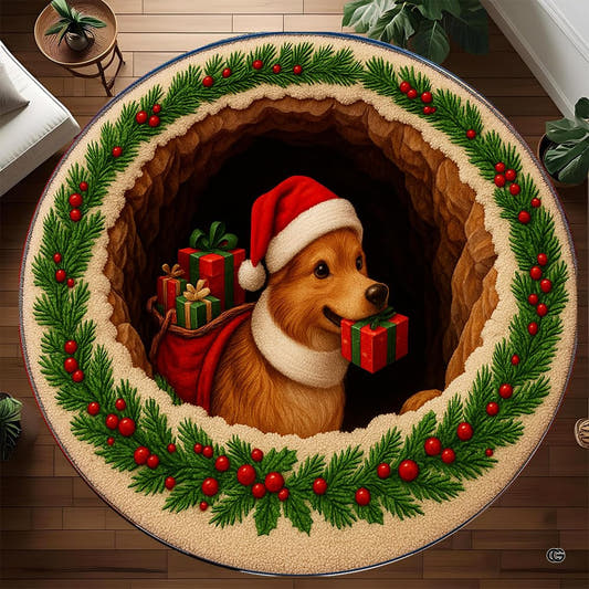 Top-down view of round area rug featuring a 3D burrow illusion and a golden dog in a Santa hat carrying gifts.