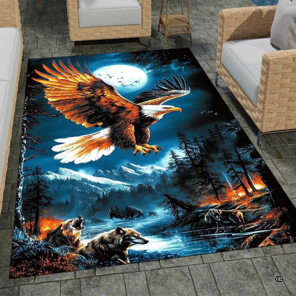 Overhead flat view of rectangular moonlit soaring eagle area rug
